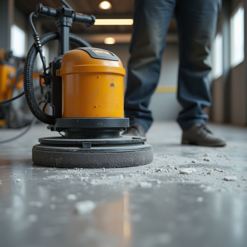Person operating a yellow floor polishing machine in a concrete room. Debris on floor.