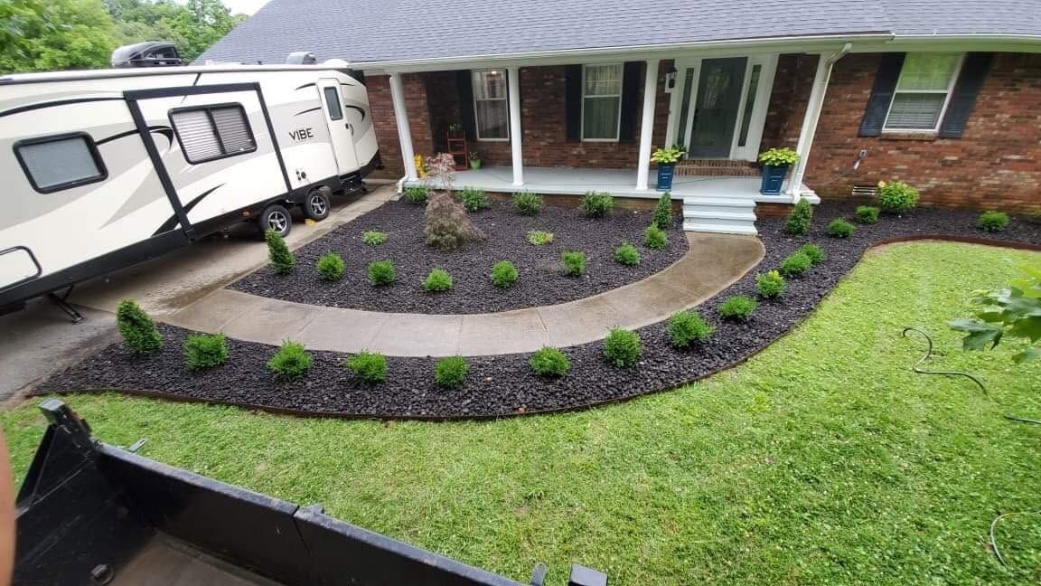 flowerbeds around residential walkway