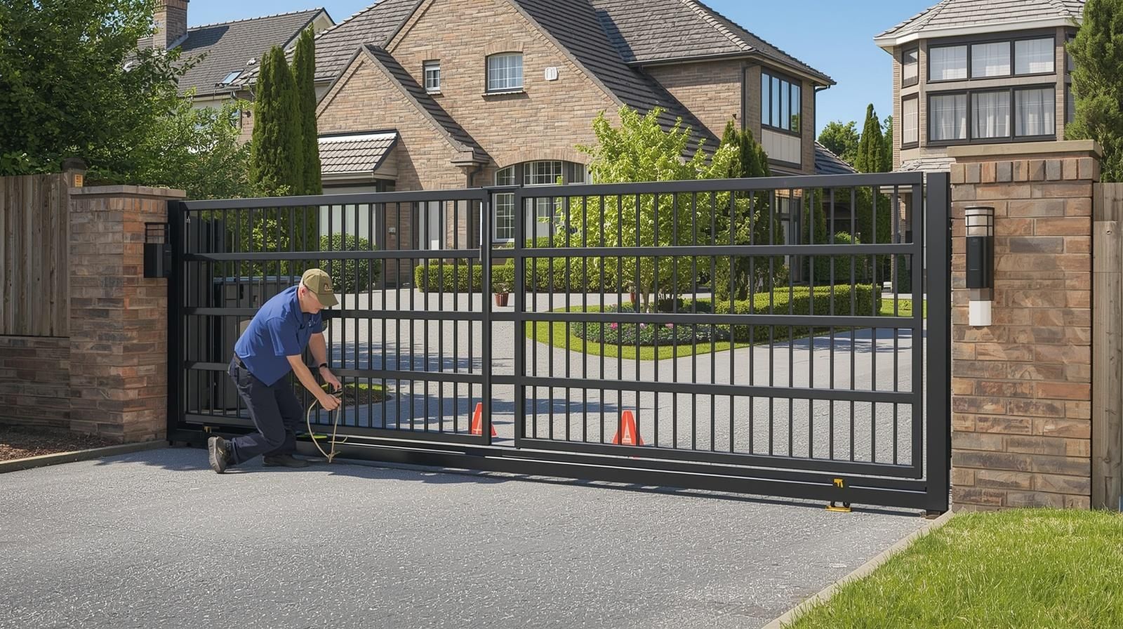 Black wrought iron fence with decorative swirls and pointed tops, bordering a green lawn in front of a house.