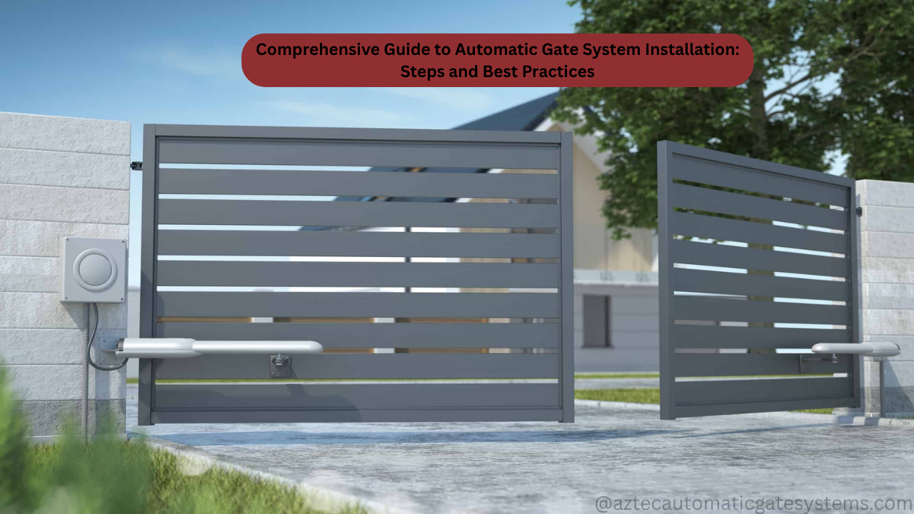 Modern gray sliding metal gate with horizontal slats beside a driveway and stone pillar