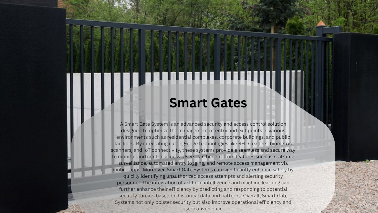 Smart gates sign before a black metal gate and white fence in a landscaped entrance