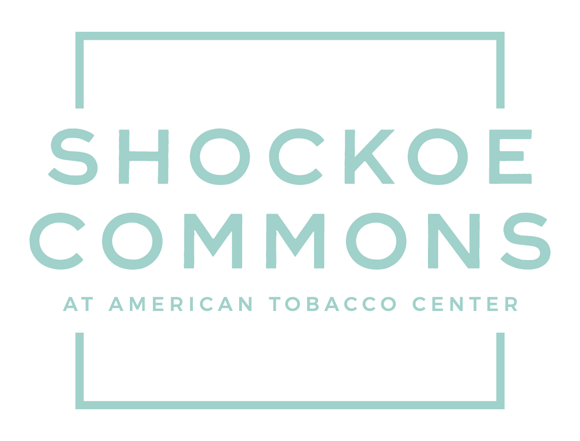 Shockoe Commons logo in teal, framed by a box outline; 