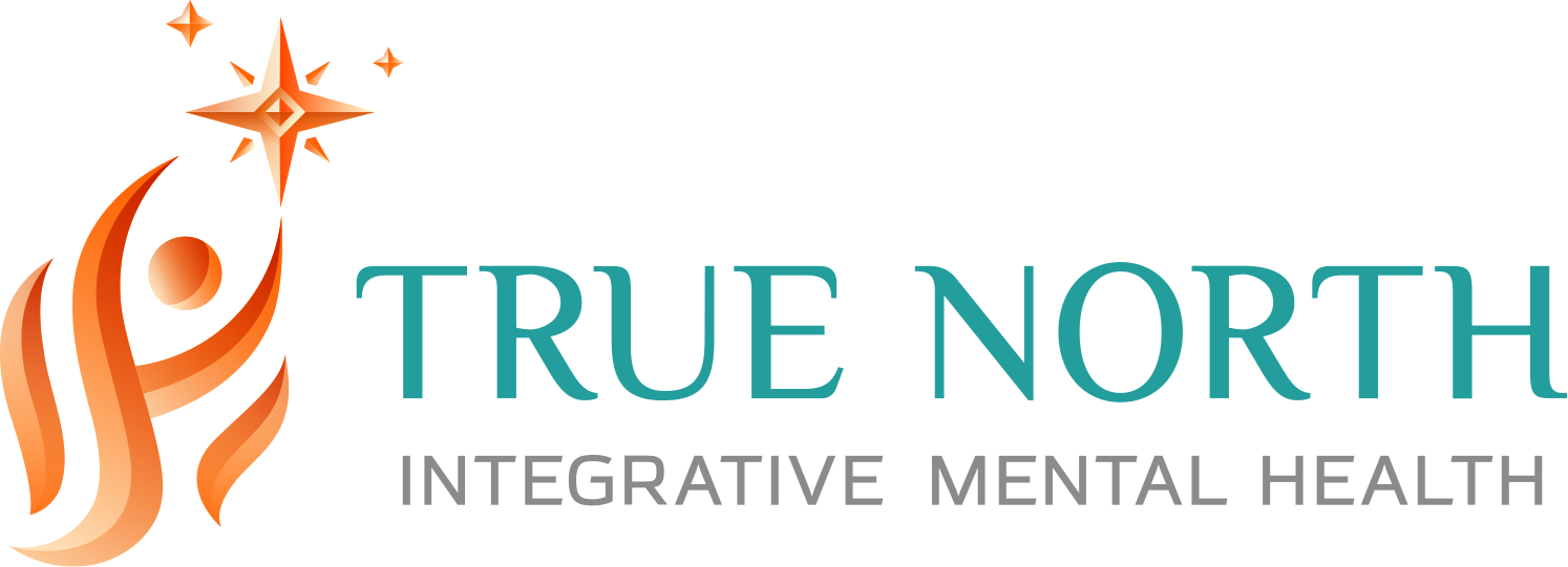 Logo for "True North Integrative Mental Health". Turquoise text and orange human figure reaching upward.