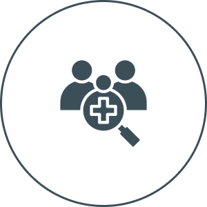 Healthcare team icon with magnifying glass and medical cross inside a circle
