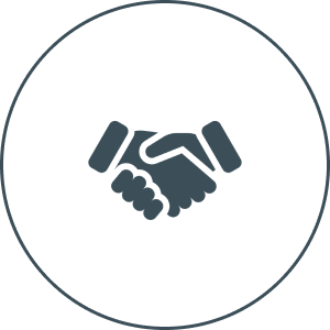 Handshake icon inside a circle, dark gray on white background