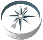 Silver-and-blue compass icon inside a circular ring, with a soft shadow on a white background