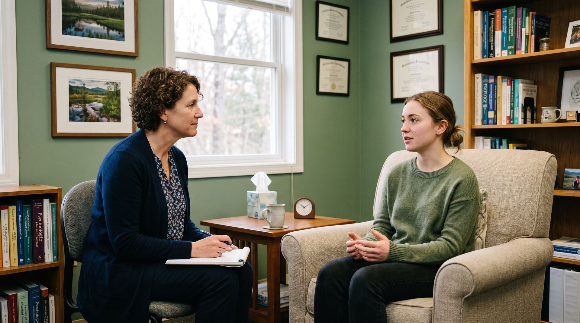 Two people talking in a cozy office with green walls, chairs, bookshelves, and framed pictures.