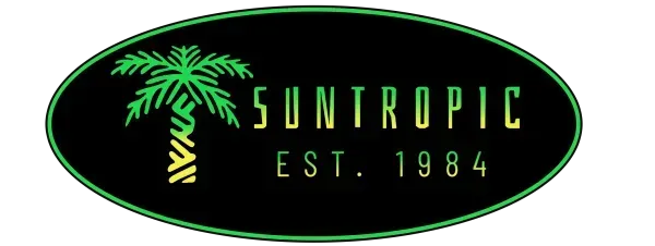 Logo of Suntropic with a palm tree inside a green oval, 