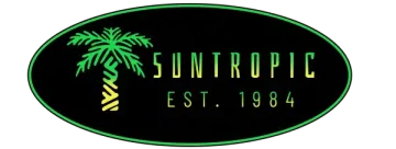 Logo of Suntropic with a palm tree inside a green oval, 