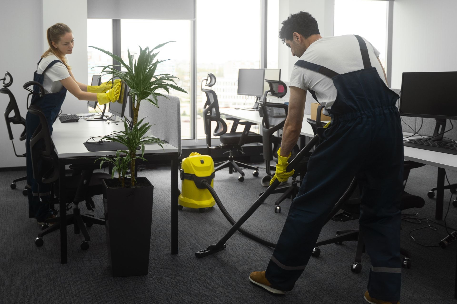 Two cleaners vacuuming a modern office around desks and a potted plant