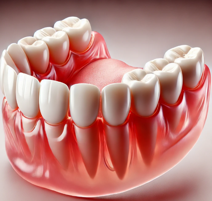 Artificial upper dentures showing teeth with pink gum base.