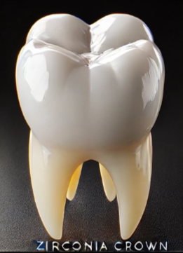 Zirconia tooth crown model in white with tan roots on a black background.