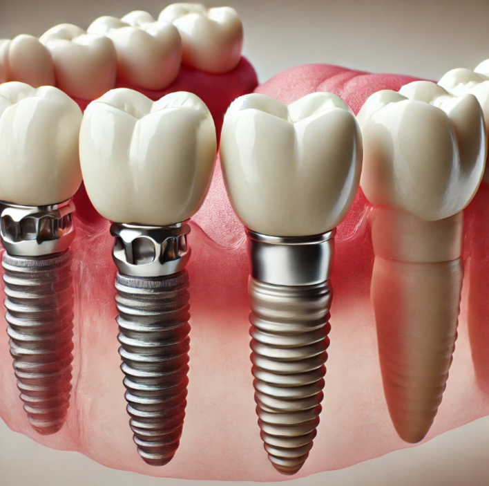 Dental implants, shown in cross-section, attached to a pink gumline. Artificial white teeth are in place.