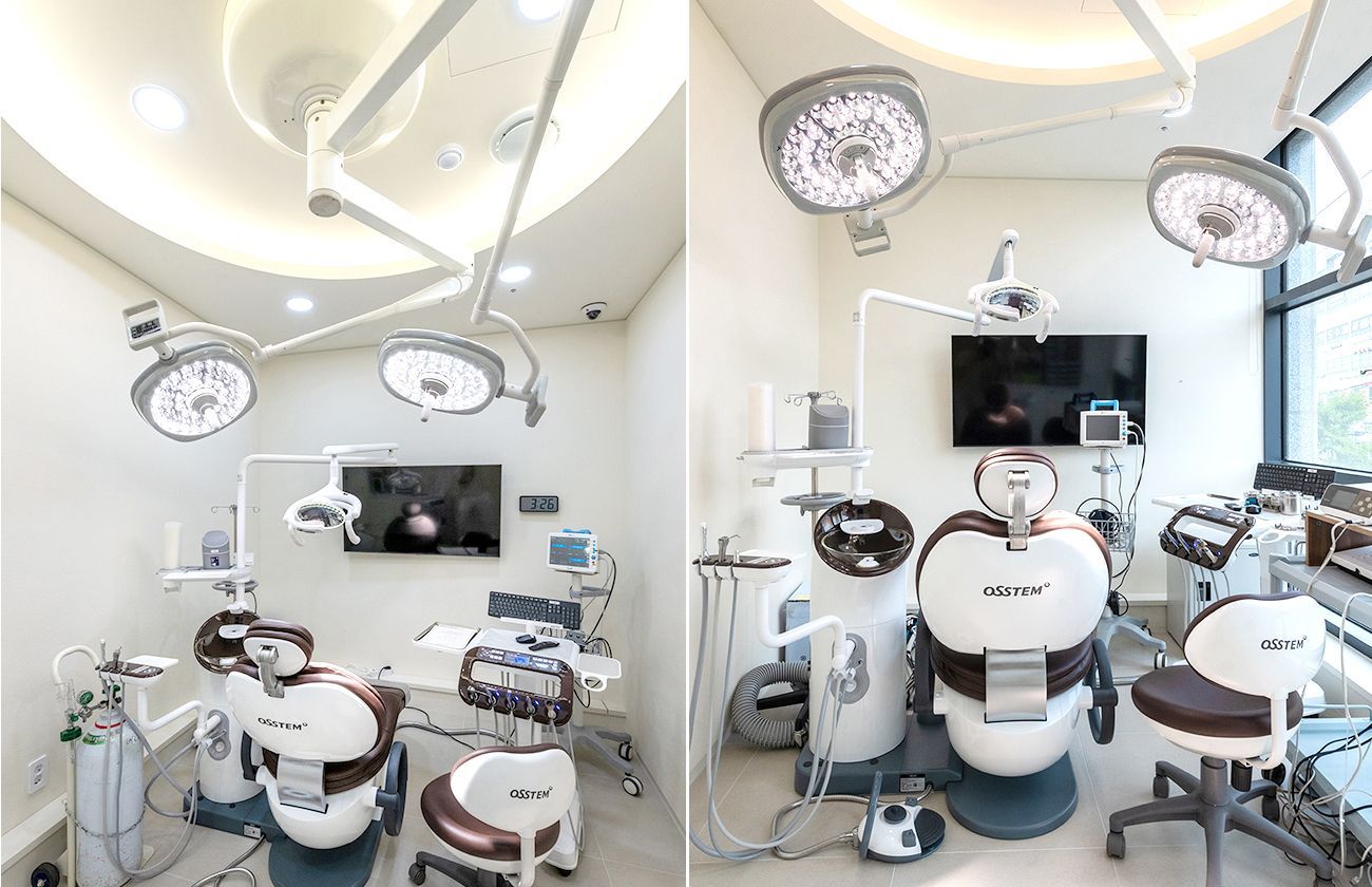Two dental exam rooms with surgical lighting, chairs, and equipment.