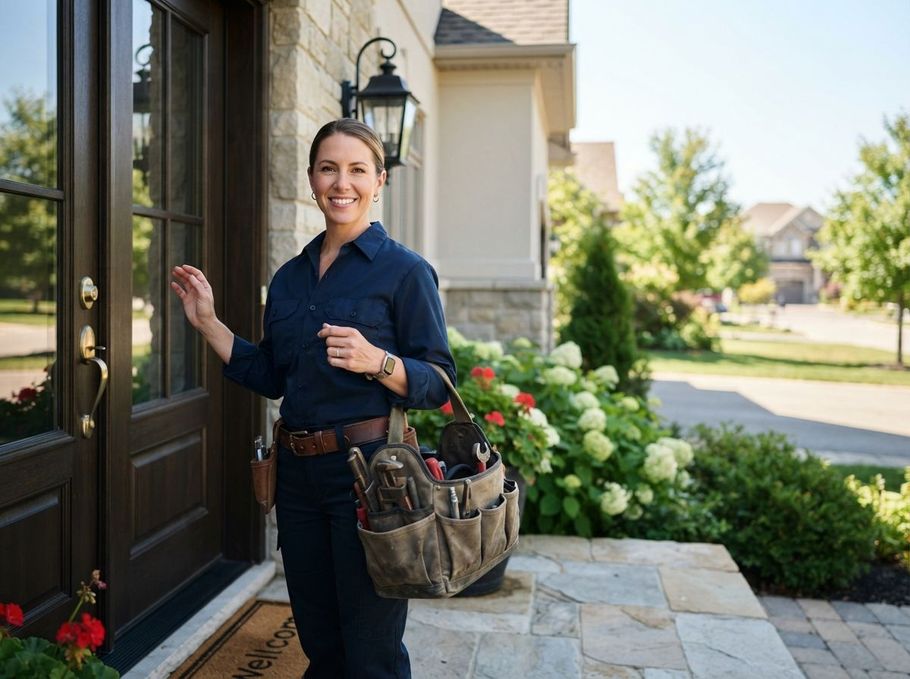Person standing at a front door holding keys, wearing a navy shirt and tool belt on a sunny porch