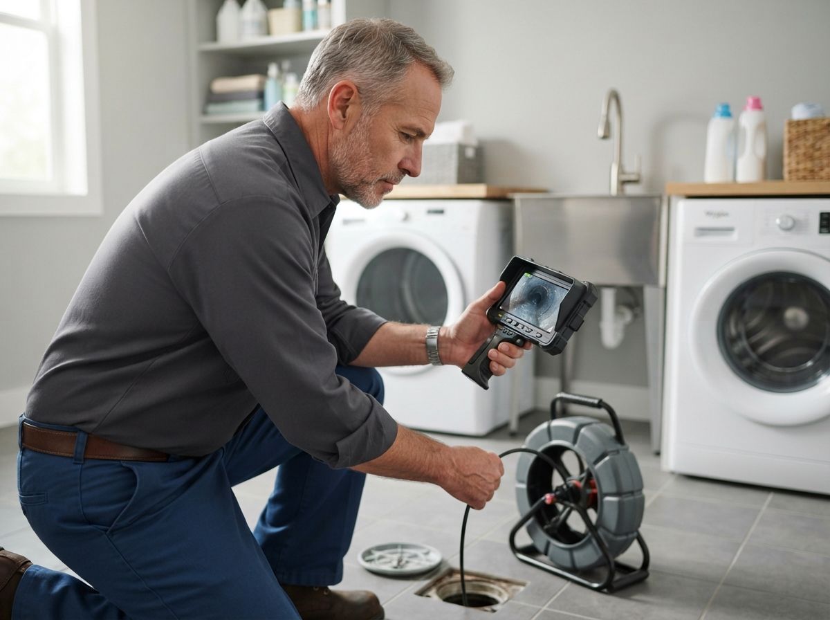 Man kneels in a laundry room, inspecting a detached dryer fan motor with tools nearby.