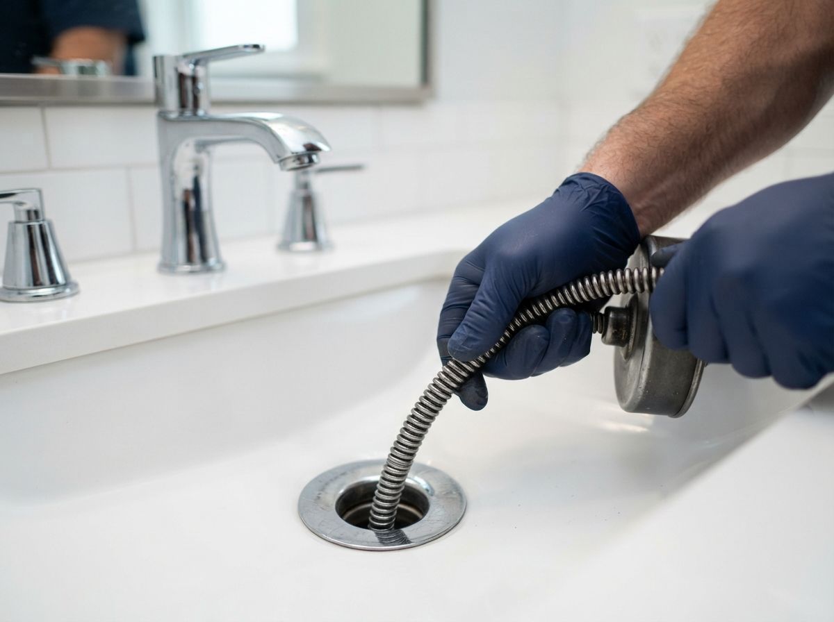 Gloved hands using a drain snake to unclog a bathroom sink