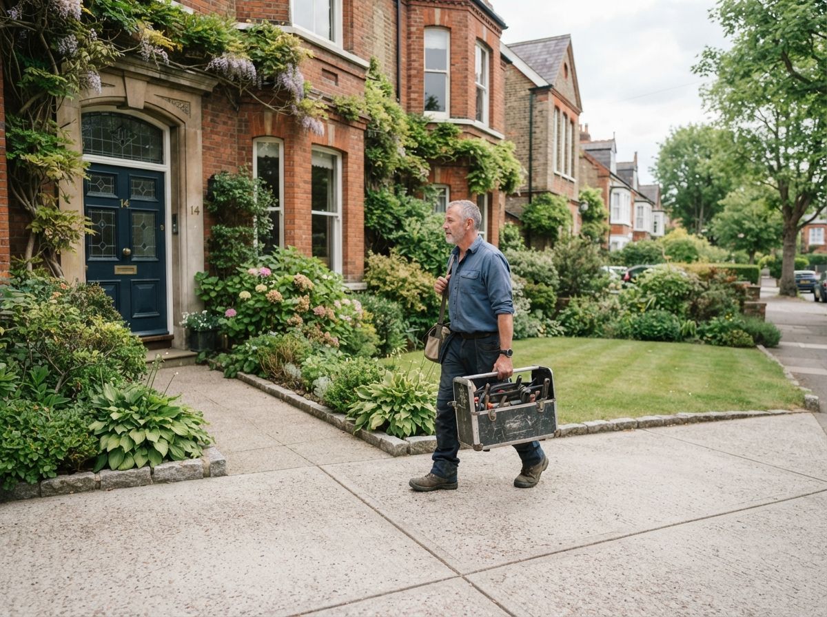 Man carrying a toolbox along a sidewalk beside brick townhouses and lush green gardens