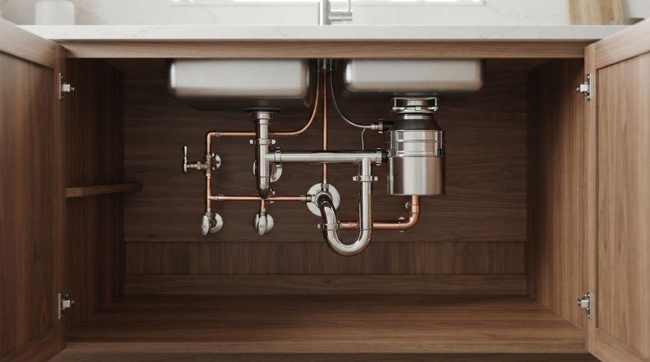 Under-sink plumbing and pipes inside a wooden cabinet, with a white sink basin above.