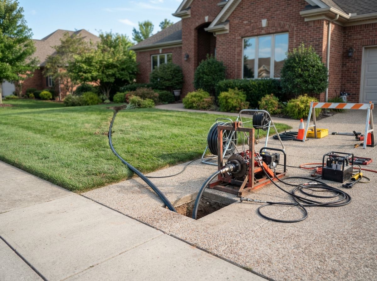 Sewer repair equipment and hoses on a suburban driveway beside a brick house and lawn