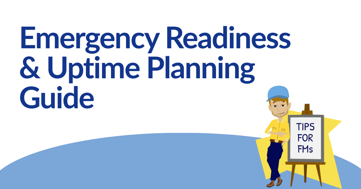 Emergency Readiness & Uptime Planning Guide cover with blue-and-white text and a worker holding a “Tips for IT pros” sign