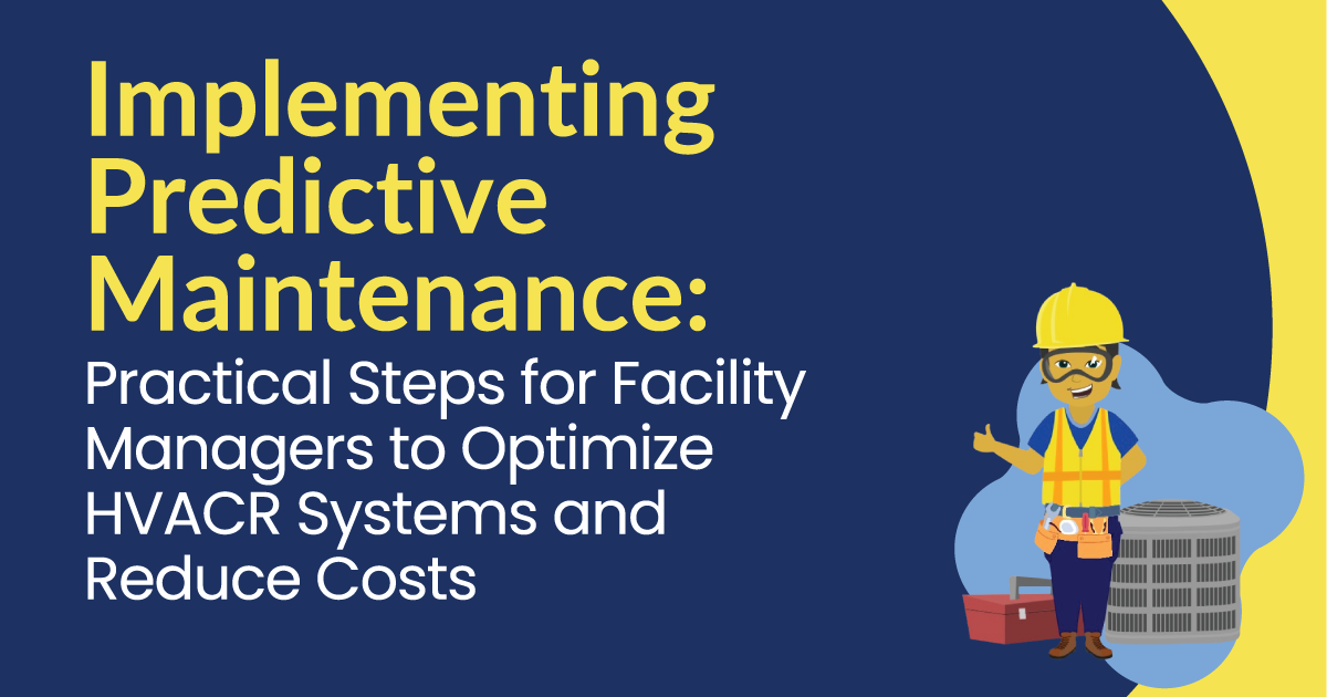Illustrated slide on implementing predictive maintenance for HVAC systems, with yellow title text and a technician icon.