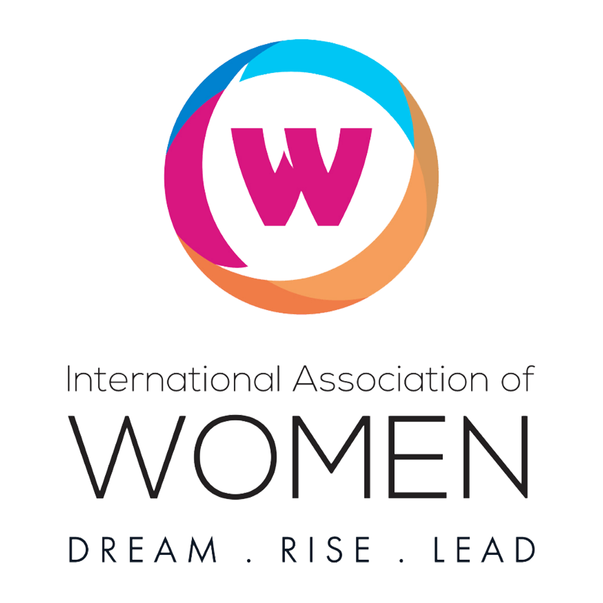 The logo for the international association of women is a pink w in a circle.