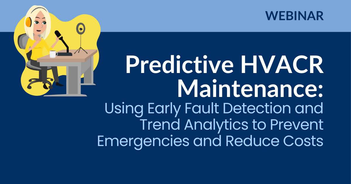 Webinar banner on predictive HVACR maintenance with blue background and technician illustration