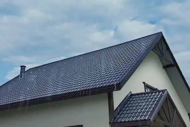 Dark gray tiled roof of a building against a cloudy sky.