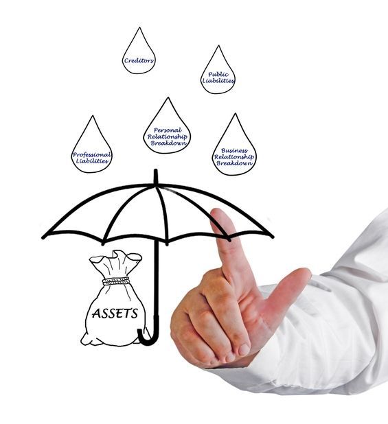 Hand pointing at an umbrella shielding an asset bag from falling symbols.