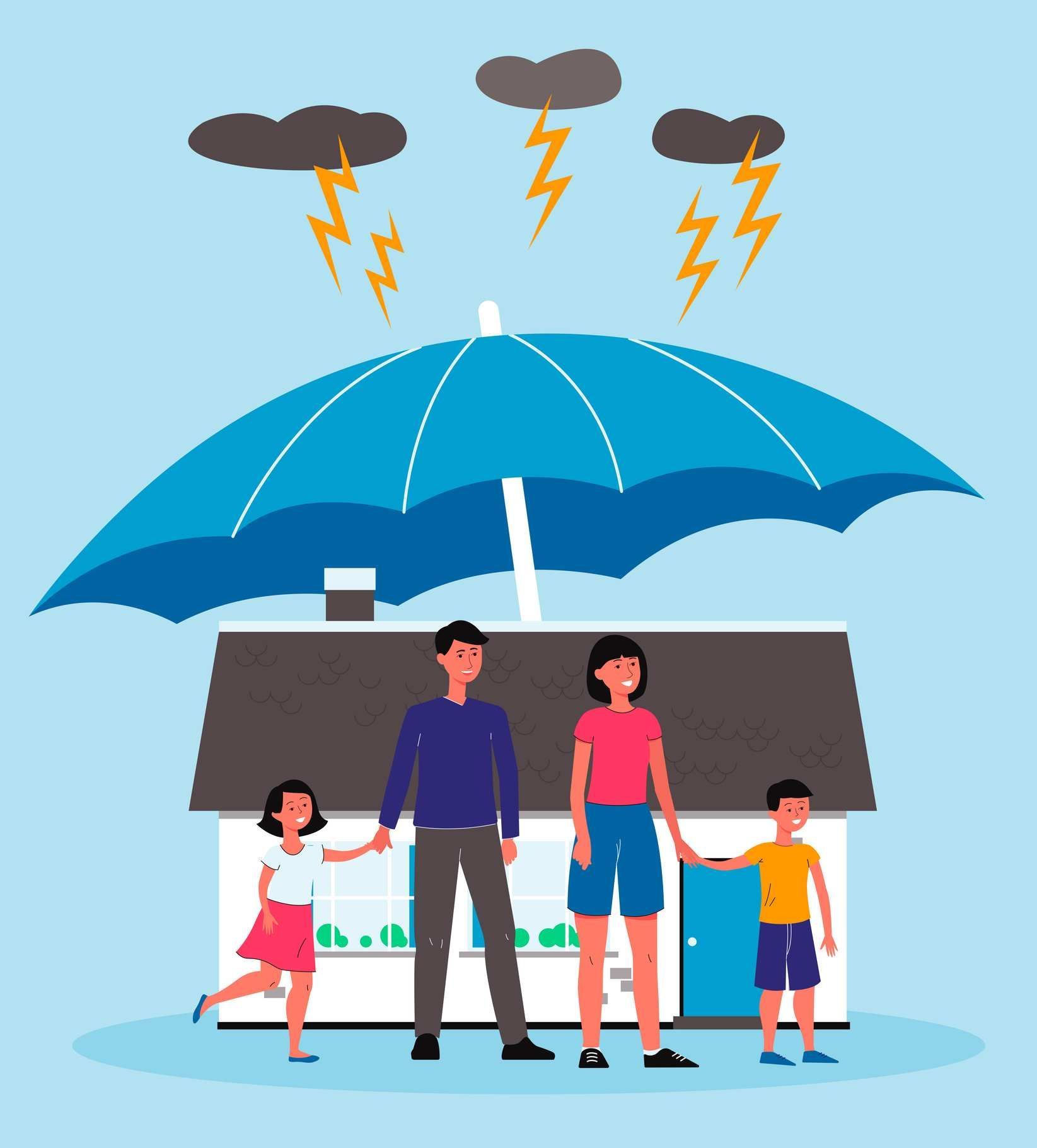 Family standing under a blue umbrella by a house during a thunderstorm