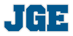 the logo for jge is blue and white on a white background .