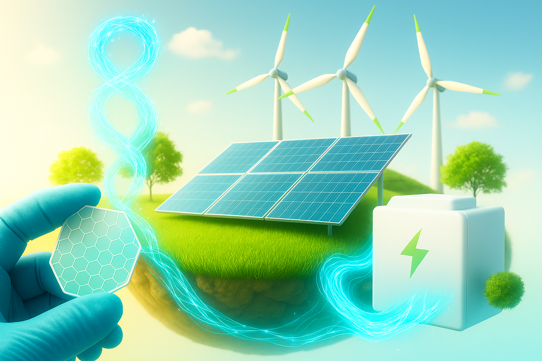 A hand is holding a piece of paper in front of a field of solar panels and wind turbines.