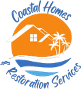 Logo for Coastal Homes & Restoration Services featuring a house silhouette over an orange sun, palm trees, and blue waves.