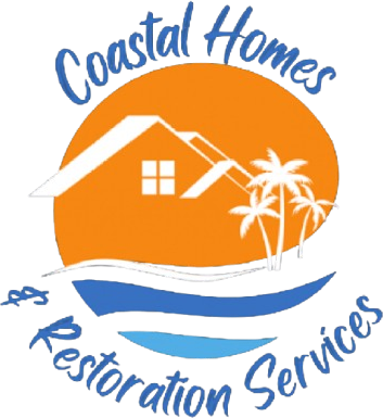 Logo for Coastal Homes & Restoration Services featuring a house silhouette over an orange sun, palm trees, and blue waves.