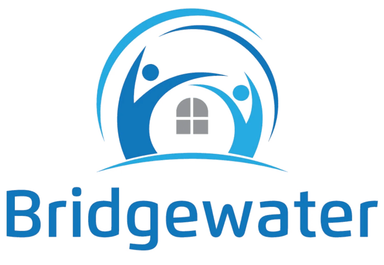 Blue logo: stylized figures reaching towards a house inside a blue arch; text below reads 