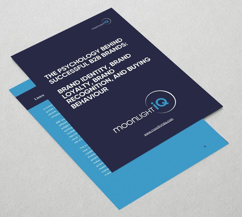 Dark navy brochure mockup with geometric blue building graphic and white text on a gray background