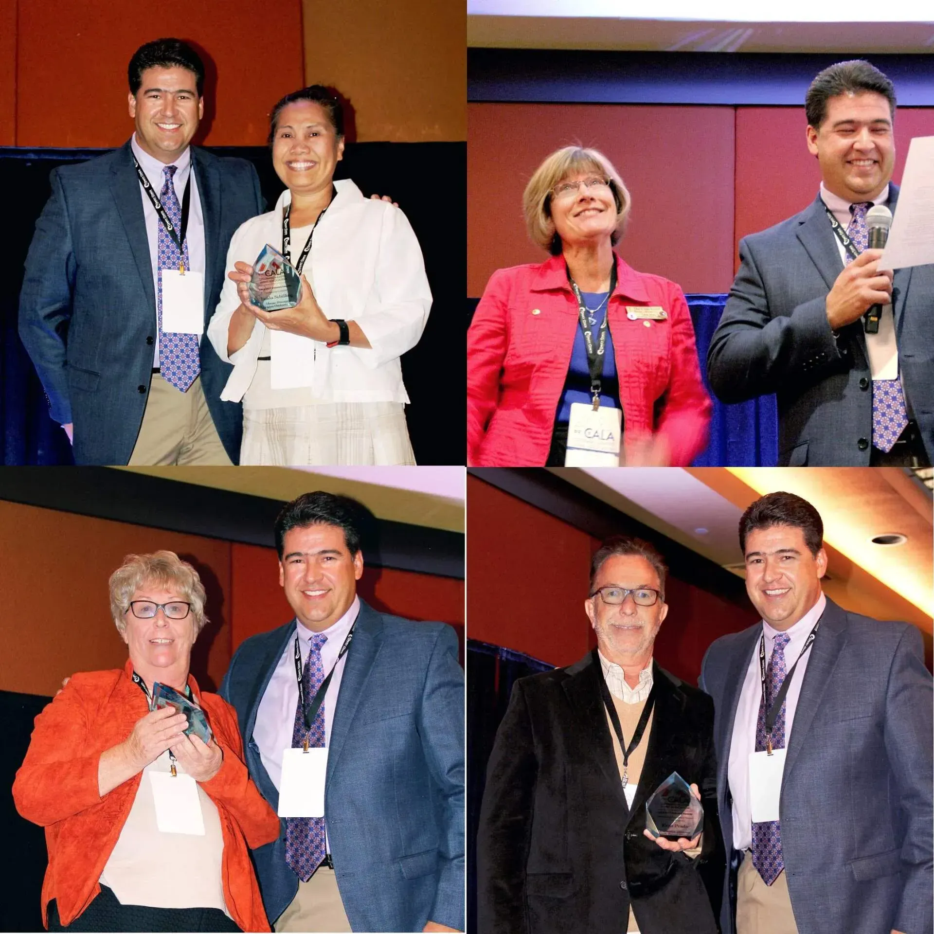 Four photos of a man in a blue blazer presenting awards to different people, all indoors.
