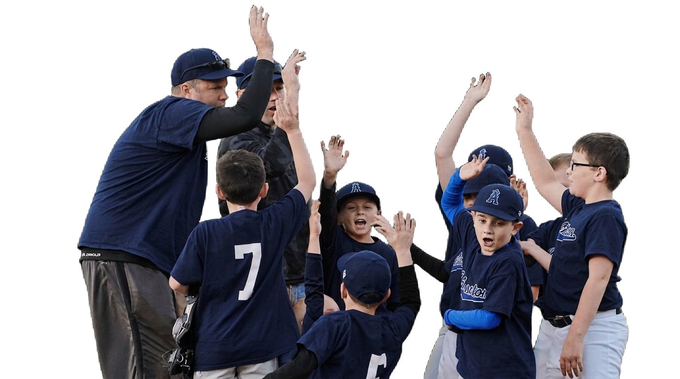 Youth baseball team huddling with raised hands in navy uniforms on a white background