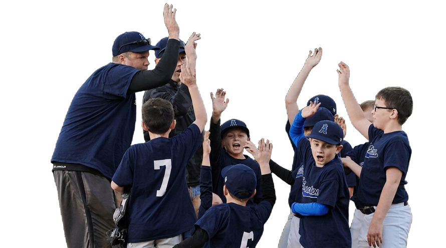 Youth baseball team huddling with raised hands in navy uniforms on a white background