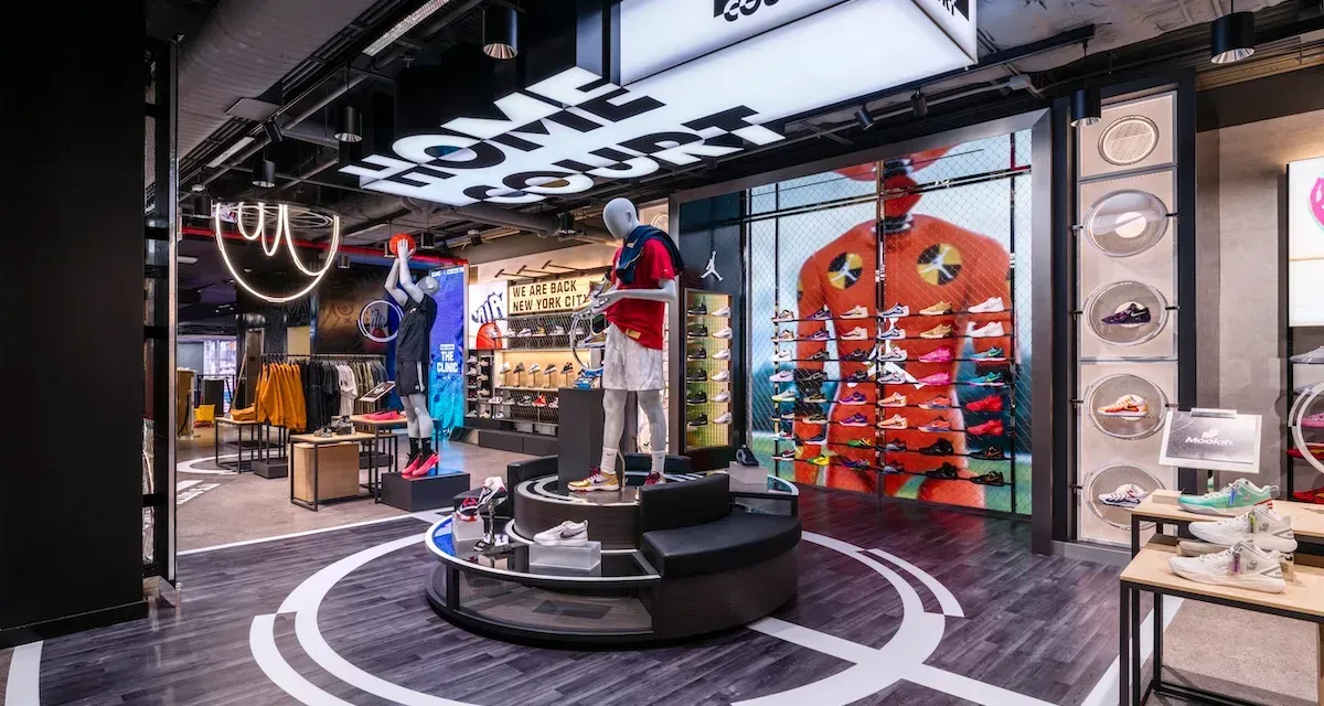 Store display with colorful superhero costumes on mannequins in a retail shop window