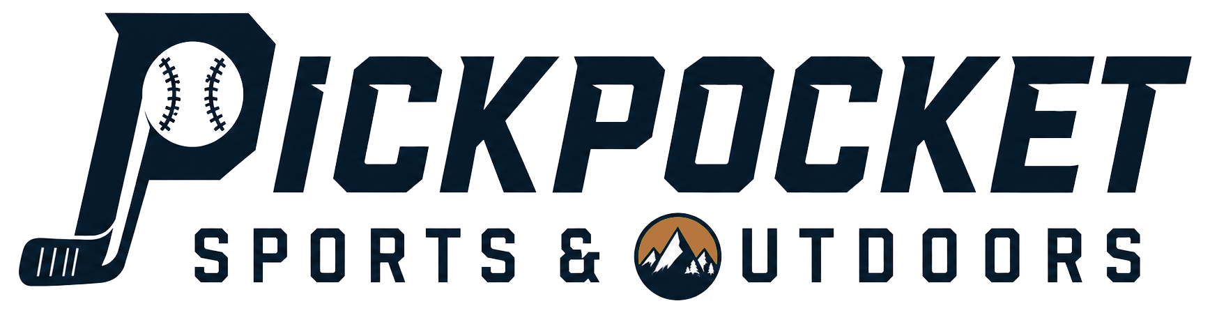 PickPocket Sports & Outdoors logo in navy and orange with a golf ball in the text