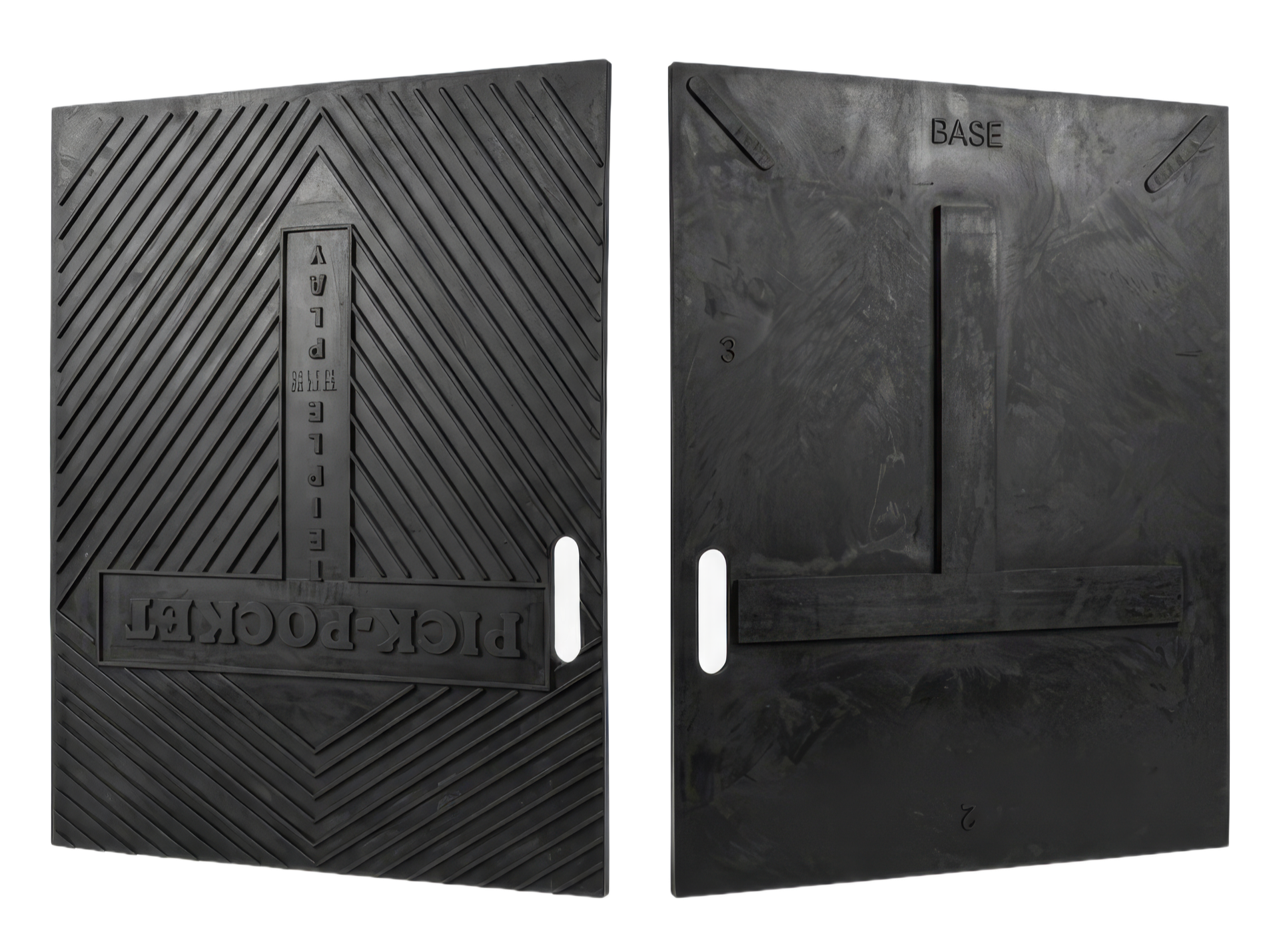 Black industrial-looking door or panel set, front and back views, with diagonal grooves and a central vertical handle.