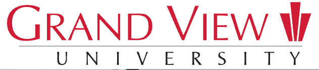 Grand View University logo in red with a vertical design.