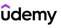 Udemy logo: Black text with a purple upward arrow icon.