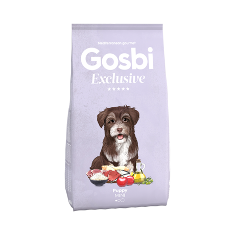 Bolsa de comida para perros Gosbi Exclusive Puppy Mini, de color morado pálido con ilustraciones de un cachorro y comida.