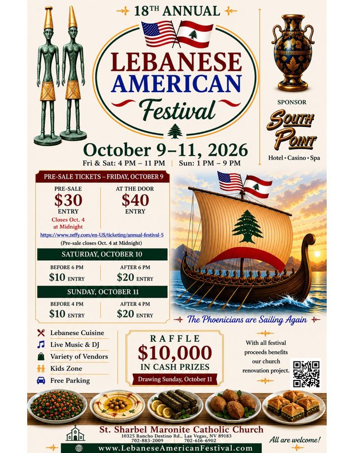 Lebanese American Festival poster with dates, schedule, food, music, and church location in white, red, and green Lebanese American Festival poster with dates, schedule, food, music, and church location in white, red, and green