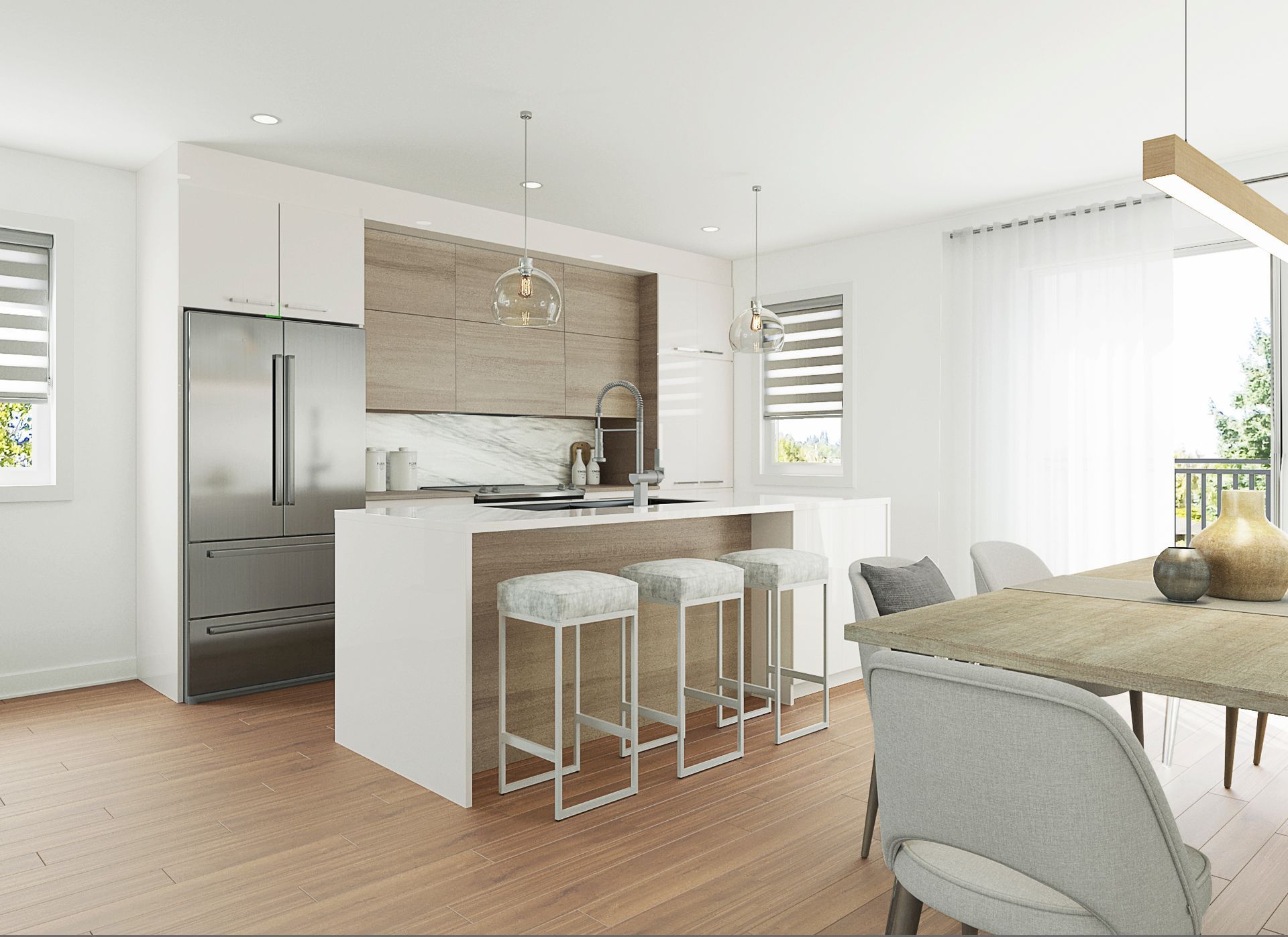 An artist 's impression of a kitchen and dining room in a house.