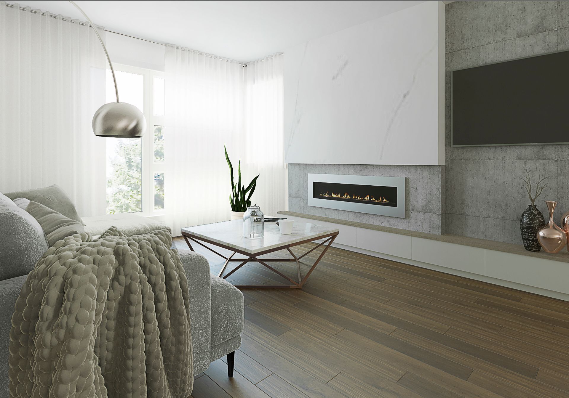 A living room with a couch , coffee table , fireplace and television.