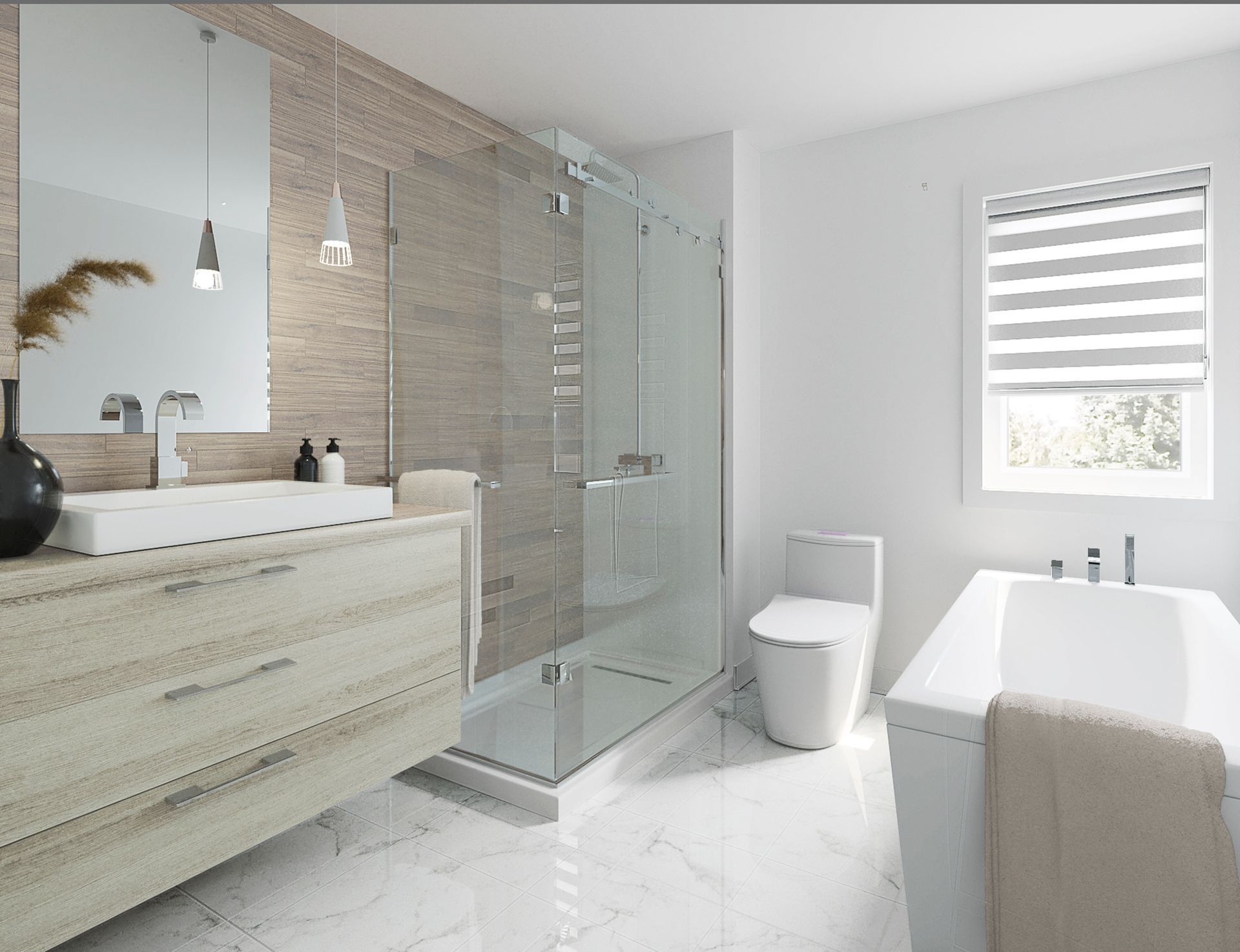 A bathroom with a toilet , sink , tub and shower.